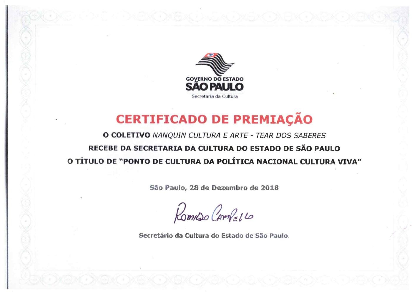 Certificado Ponto de Cultura Estadual