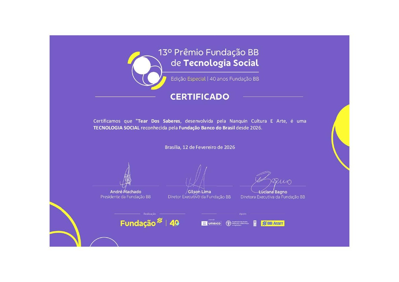 Certificado Tear dos Saberes — Tecnologia Social